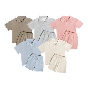 New Designer Cropped Zip up Hoodie Baby Boy Solid Color Zipper Elastic Waistband Short Sleeves Children's Clothing Set