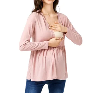Solid Color V-Neck Long Sleeve Breastfeeding Maternity Tees Comfortable and Convenient