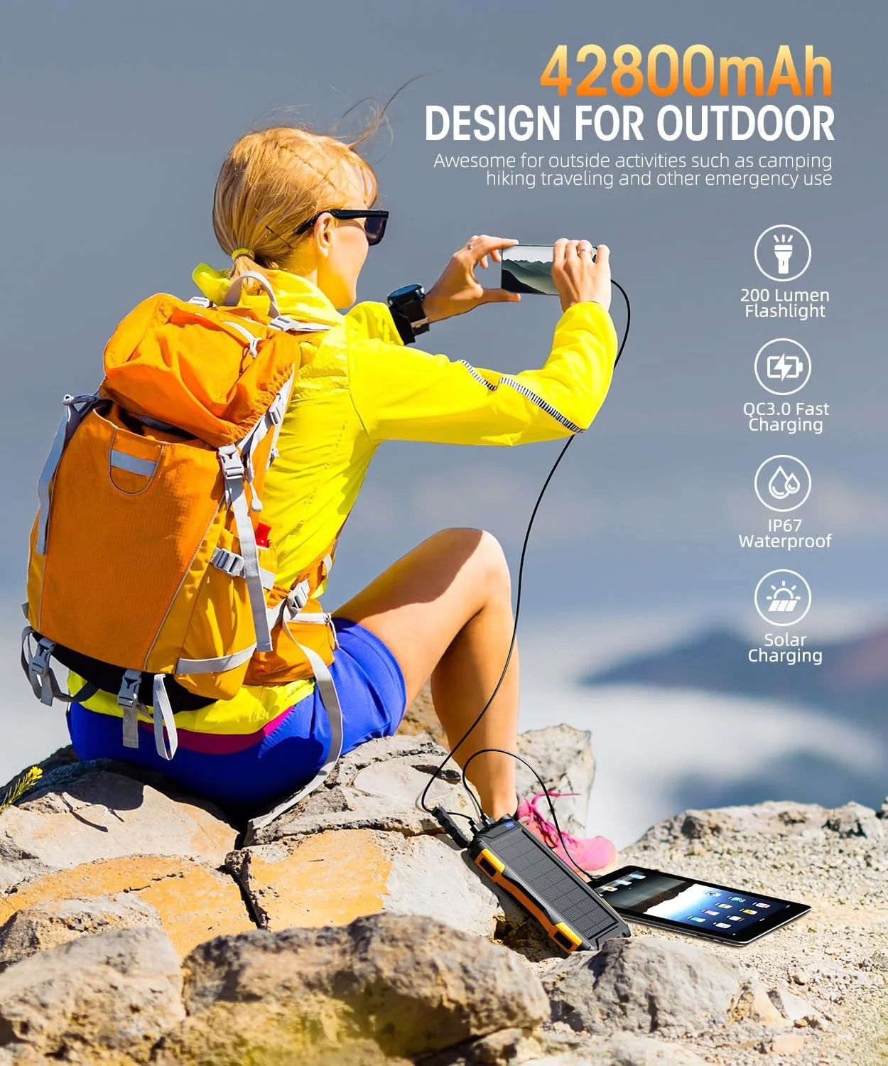 Chargeur Solaire Portable 46800 MAh – 3 Ports, étanche, Avec Lampe De Poche | Idéal Rando, Camping, Voyage