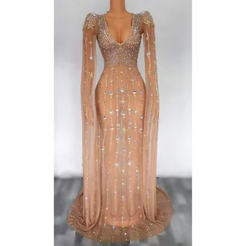 Fashion Formal V Neck Long Sleeve Prom Dresses Sumptuous Rhinestone Diamond Beaded Evening Gowns For Women Party Maxi Dress Long