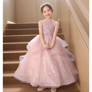 Custom Luxury Pink Sequin Flower Girl Wedding Dress Summer Stage Princess Mesh Tutu Evening Gown for Children