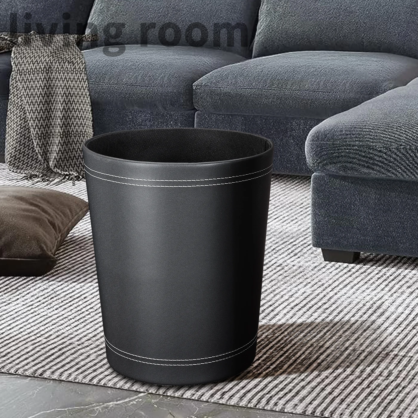 Круглый бытовой контейнер для мусора с открытым верхом из кожи и бумаги