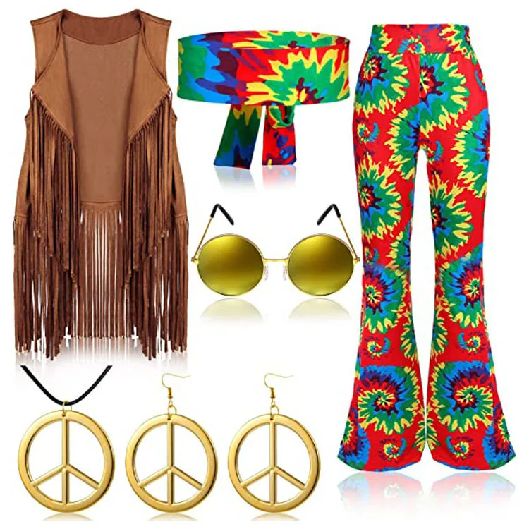 60s 70s Outfits For Women Hippie Costume Set Boho Flared Pants Fringe ...