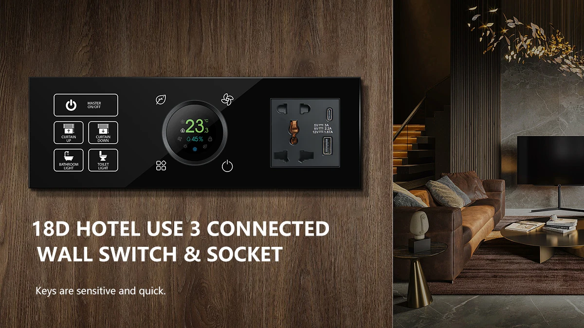 18d Hotel Use 3 Connected Touch Light Switch With Thermostat And Dual Power Socket Smart Home