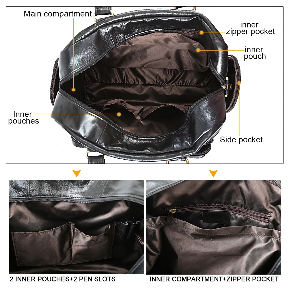 TIDING Factory Wholesale Custom Black Large Capacity Travel Tote Genuine Real Leather Laptop Briefcase Bag for Men