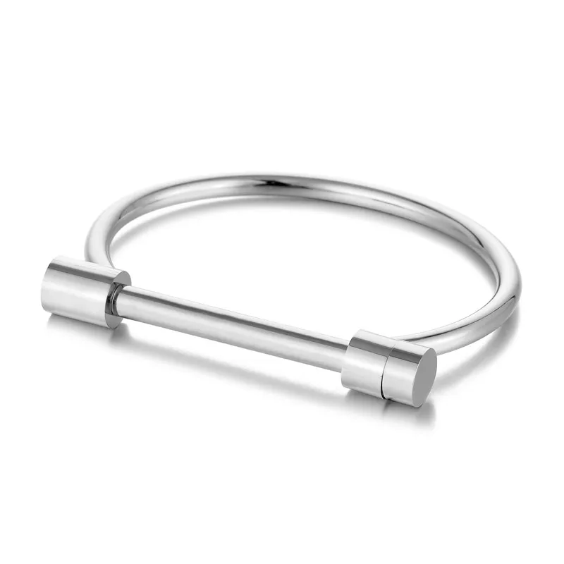 Stainless Steel D-Shape Bar Screw Bracelet - Unisex Horseshoe Bangle Cuff Jewelry