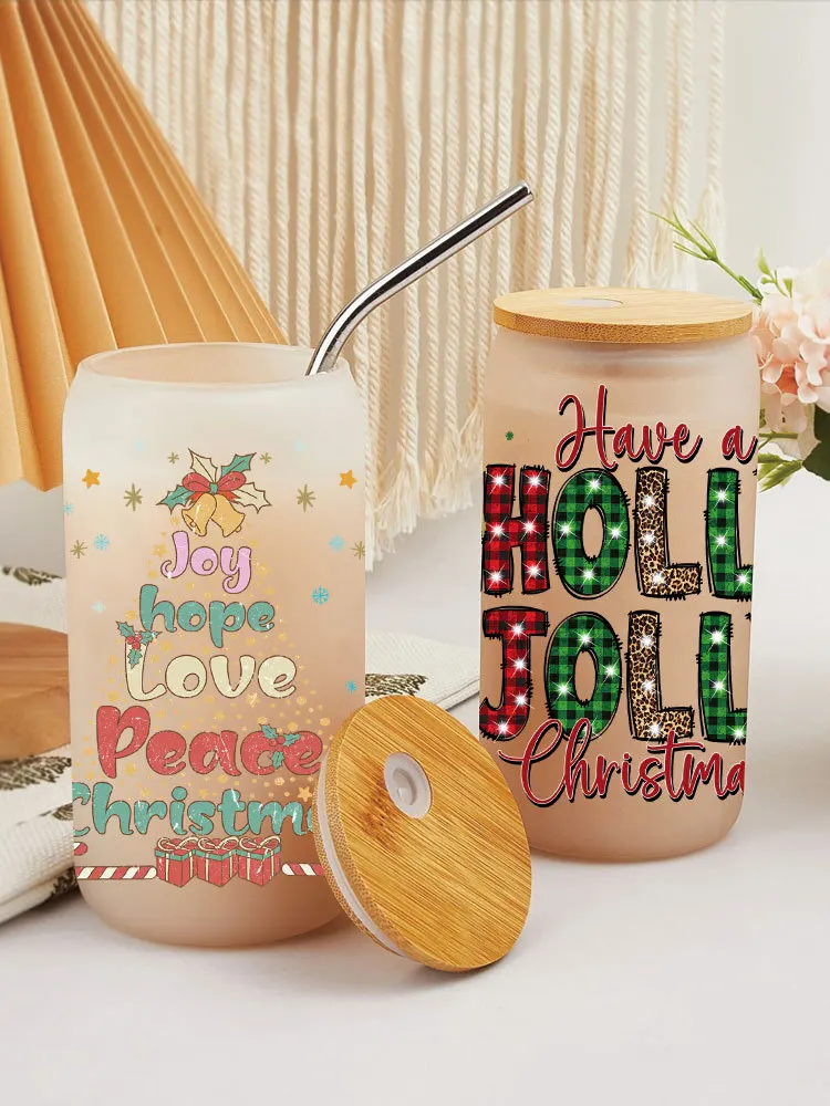 Custom Christmas pattern factory wholesale 16oz 18oz glass cups with bamboo lid and straw