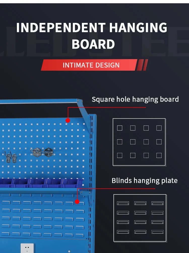 Steel frame metal workbench with drawers details