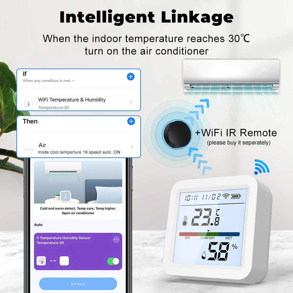 Tuya TH08 WiFi temperatura humedad Sensor interior Smart Life Sensor  termostato higrómetro Sensor funciona con Alexa Google
