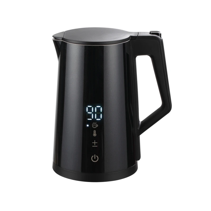 1.7L 2200W Touch Screen Double Wall Kettle Inside 304 Stainless Steel Outside PP Wooden Handle Fast Boiling Auto Off