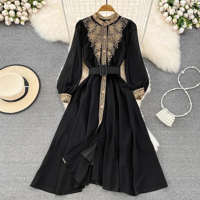 Top Quality Lady Embroidery Chiffon Dress Stand Collar Single Breasted Dress Women Casual Mid Dress