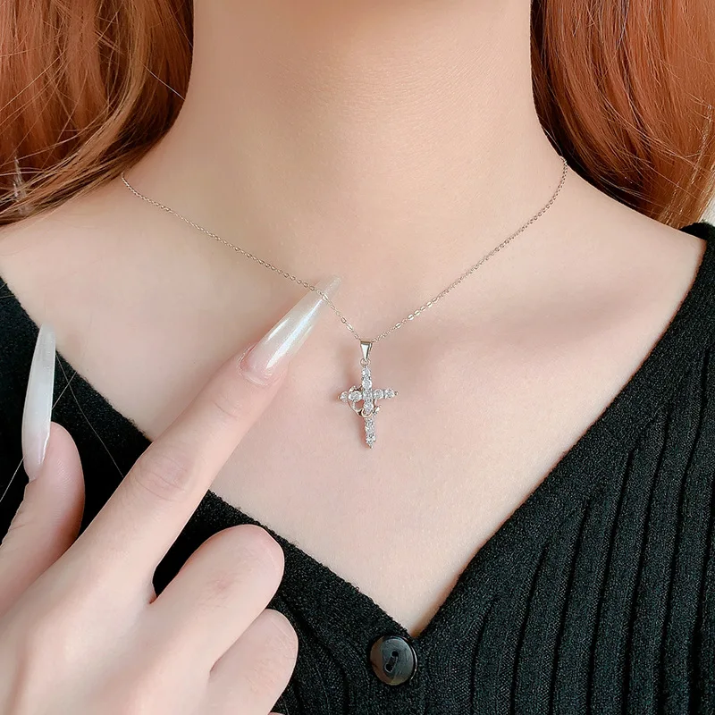 Rotating Dainty S925 Sterling Silver Cross Crown Pendant Charm Clavicle Chain Zircon Fine Jewelry Necklace for Women