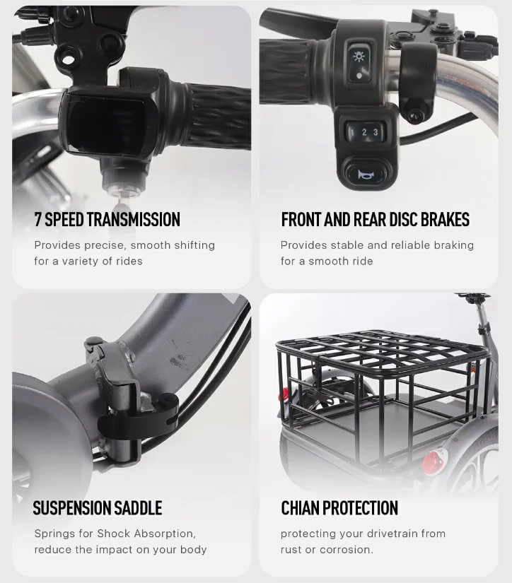 EU Warehouse 48V 350W 22Ah Lithium Battery 3-Wheel Tricycle Cargo Electric Bike with Disc Brake Foldable Brushless Motor