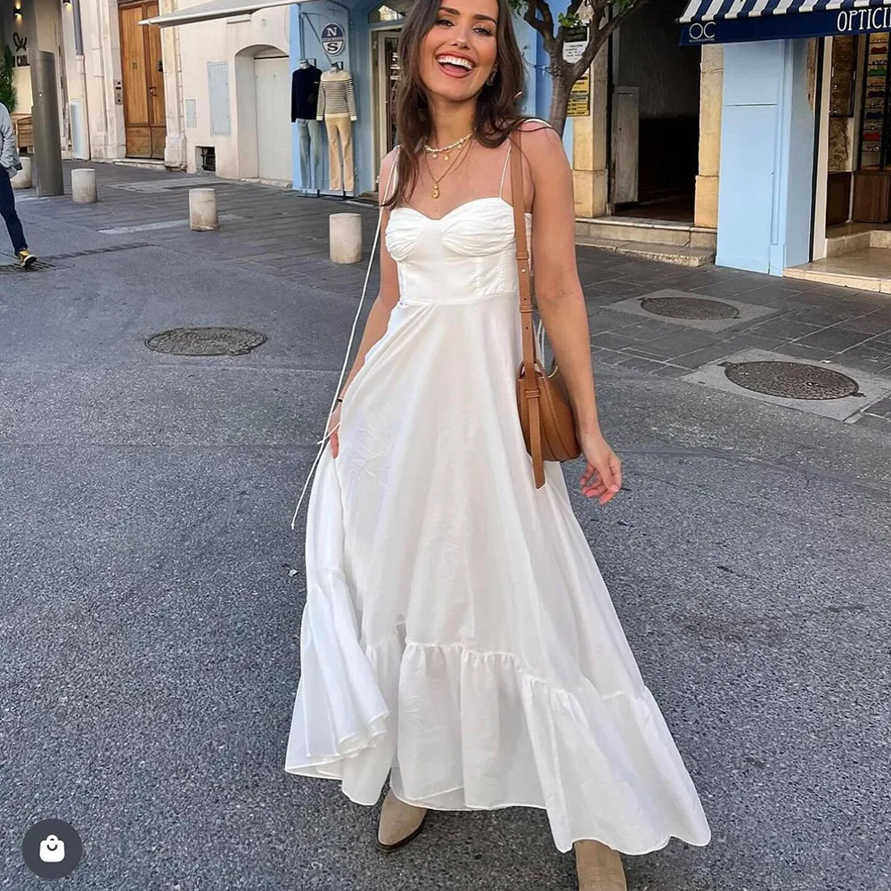 High-Waist A-line Party White Dress Summer Classic Fashion Solid Elegant  Women's Long Dress