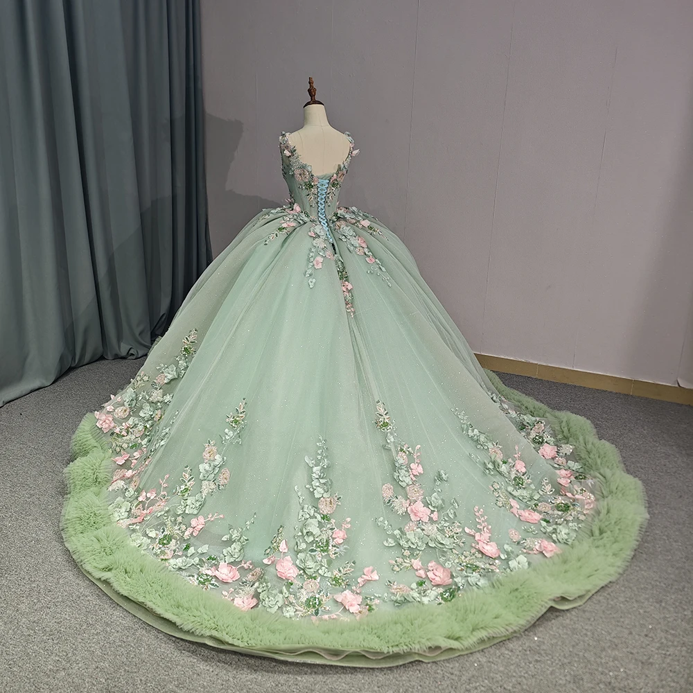 Wholesale Green Tulle 3D Flowers Quinceanera Dresses Prom Gowns Titching Ruffles Princess Dress,1 Piece