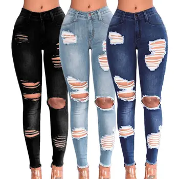 High Quality Women's  Denim Hole Skinny Stretchy Pencil Plus Size Jean Pants High Waist Jeans For Women