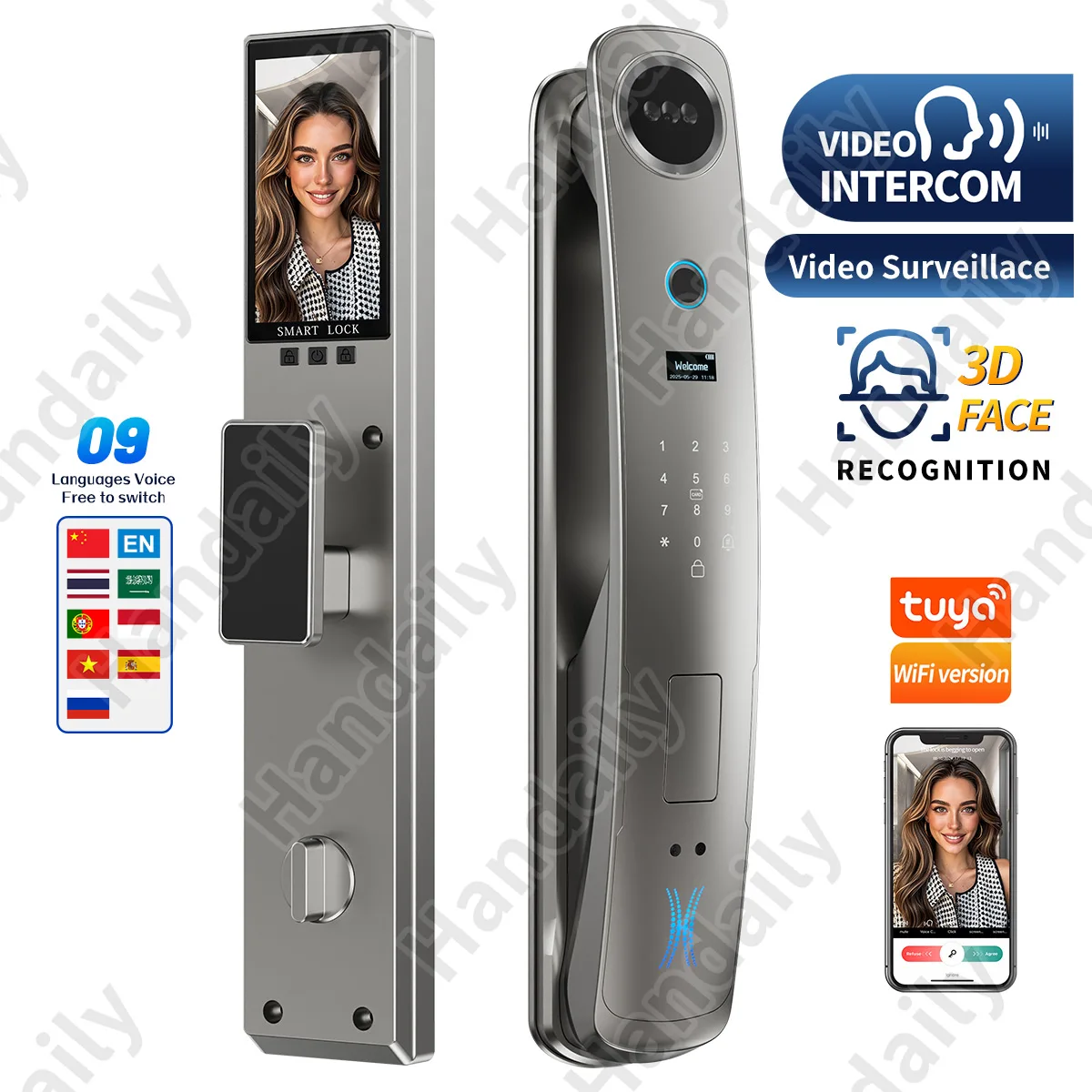 HanDaily Logo Custom Video Talking Smart Lock with Privacy Password Face Recognition Tuya Wifi Digital Locks H8