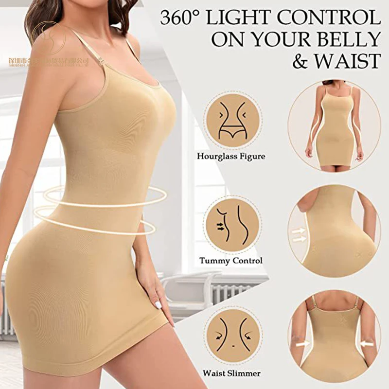 Lu's Chic Women's Shapewear Full Slip Bodysuit Under Dress Built-in Bra Body Shaper Adjustable Spaghetti Strap Cami Camisole Mini Tummy Control Lingerie Nude 12
