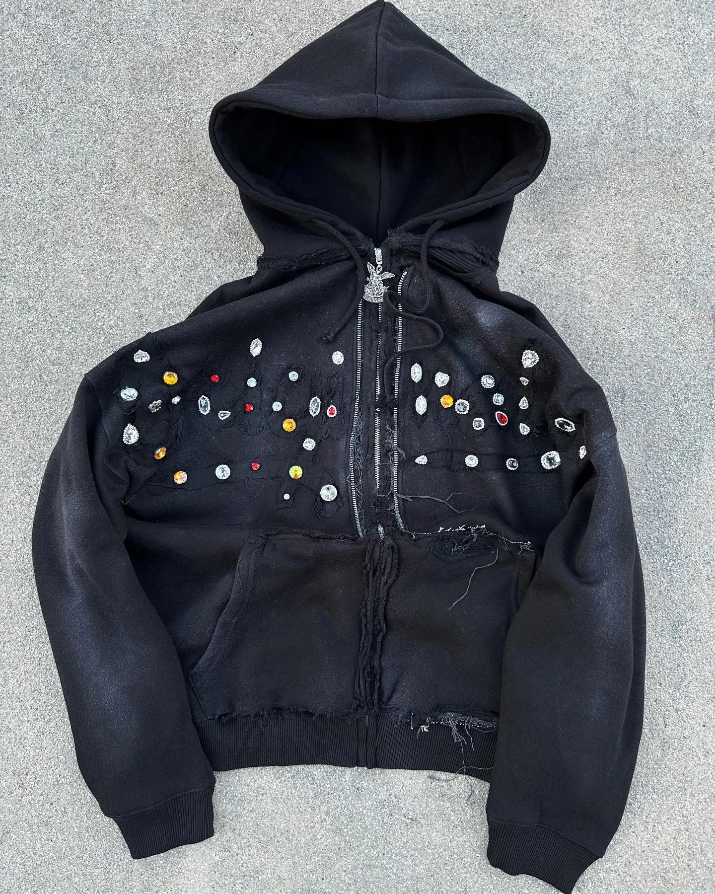 Custom Unisex Hooded Sweatshirt Cotton French Terry Ripped Faded Boxy Zip up Distressed Vintage Acid Wash Rhinestone Hoodies Men gallery 3