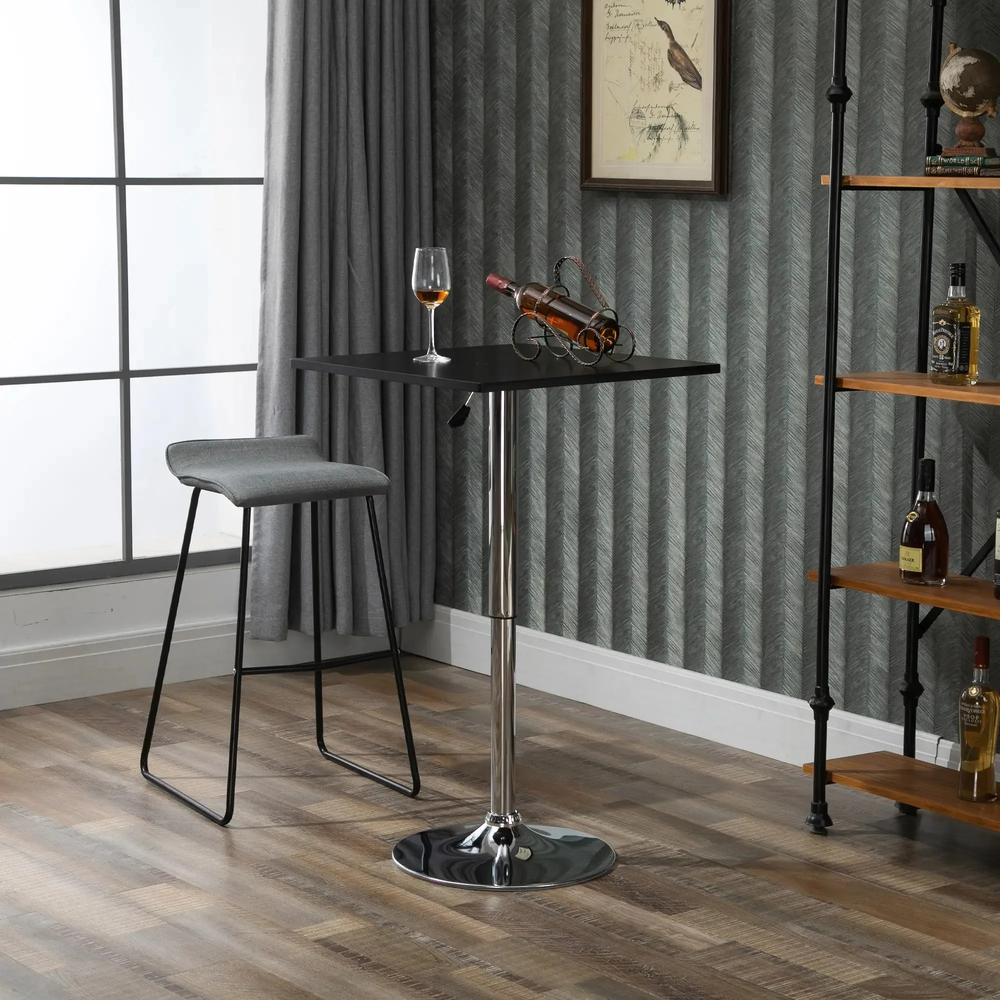 HOMCOM Height Adjustable Square Table, Metal and MDF, Bar Table, Kitchen, Living Room, Black, 60x60x69-93cm