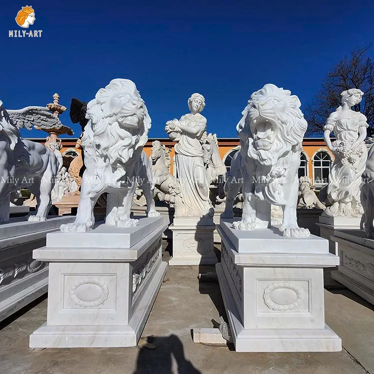 MILY Life Size White Marble Walking Lion Statues Hand Carved for ...