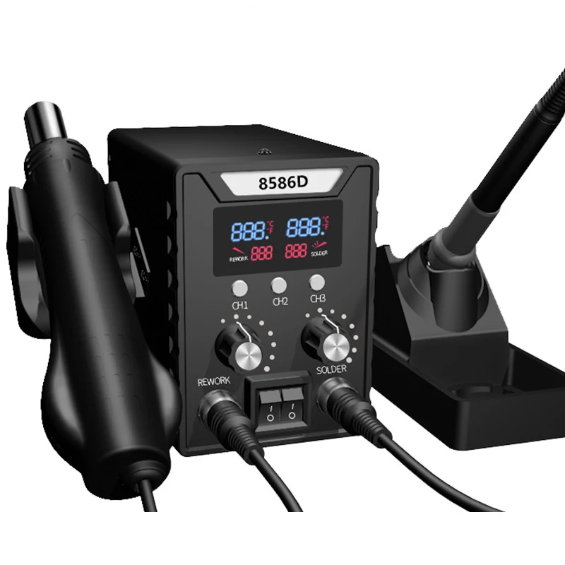 Rework 8586 858D 2-in-1 Multi-Function Soldering Station with Soldering Iron and Hot Air Gun, Adjustable Temperature and Airflow