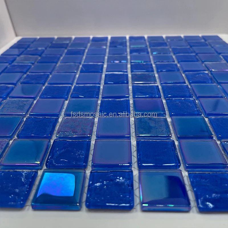 DS 4mm Sky Blue Green Crystal Glass Mosaic Tile Modern Indoor Interiors Swimming Pool Wall Decorative Iridescent Rainbow Color