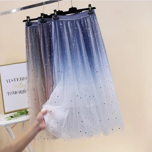 Vintage Tulle Skirt Women Mini Sequins with Natural Waist Lace Plain Dyed Sparkling Design for Party Night