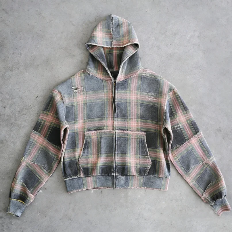 SALATI HighQuality Custom Designer Embroidery Plaid Acid Wash Oversized Color Blocked Oversized Zipper Waffle Flannel Men Hoodie gallery 2