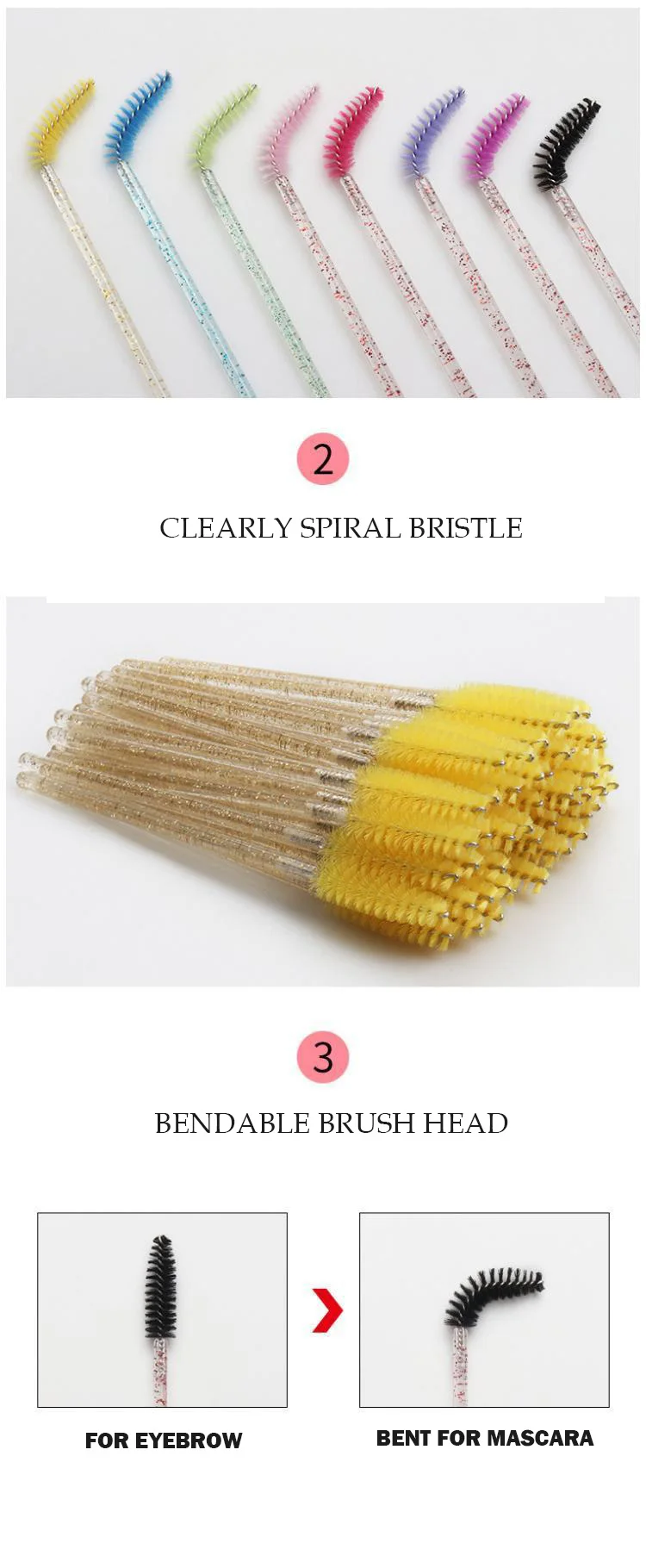 Cheap Factory Pink Glitter Mascara Eyelash Spoolies Brushes Lash Brush