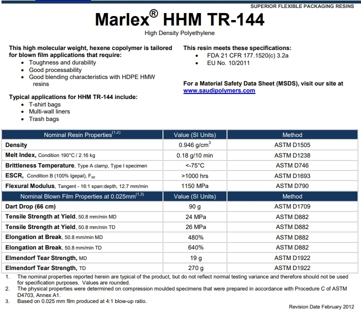 HDPE High Density Polyethylene Resin TR144 Plastic Virgin Granules Good Blending Characteristics 8