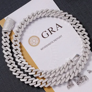 Hot Popular VVS Moissanite Cuban Link Chain for Men 2rows 14mm Wide 925 Sterling Silver Cuban Chain Hip Hop Necklace