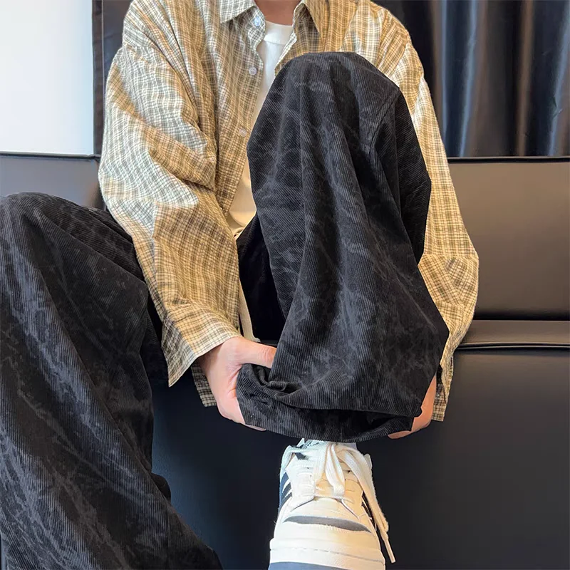 Spot Men's and Women's Fashion Street Hip-hop Casual Loose Spring and Autumn Straight Sports Tie-dye Corduroy Wide-leg Trousers
