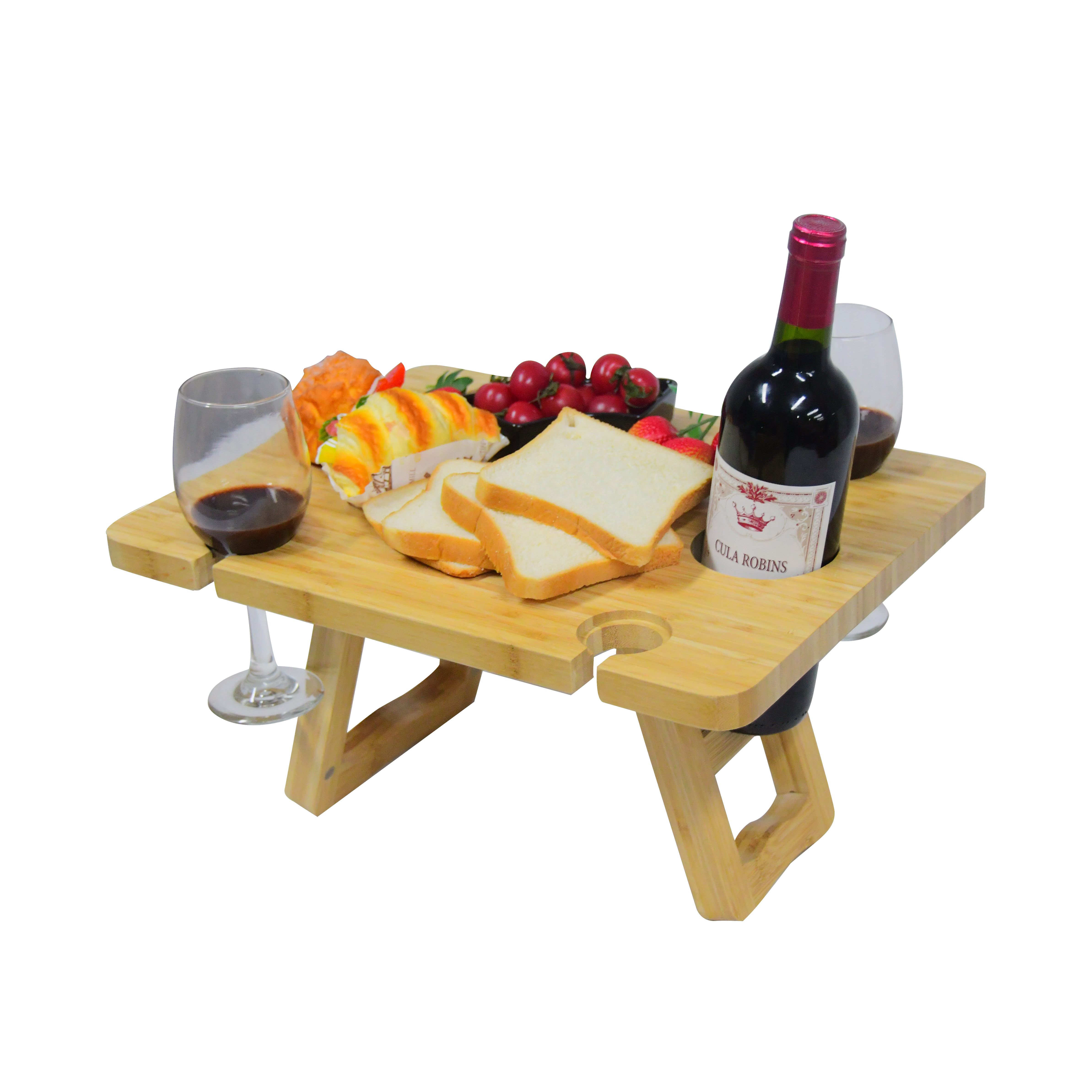 Portable Wine Picnic Table - Premium Natural Bamboo Folding Charcuterie Meat and Cheese Tray with Bottle and Four Glass Holder