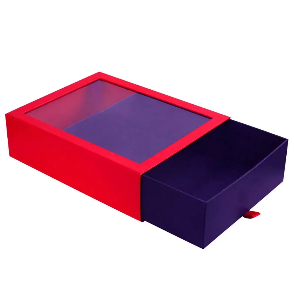 Customize Thin Rectangle Packaging Clear PVC Window Paper Boxes Slid Drawer Gift Package Box with Clear PVC Window Lid
