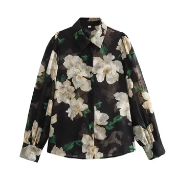 European style women's dress French casual retro loose lapel flower design chiffon shirt