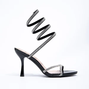 Fashion Design Trend High-heeled Crystal Slip-On Peep Toe Sandals Crystal Encircled Snake-shaped Straps Ankle High Heels Popular