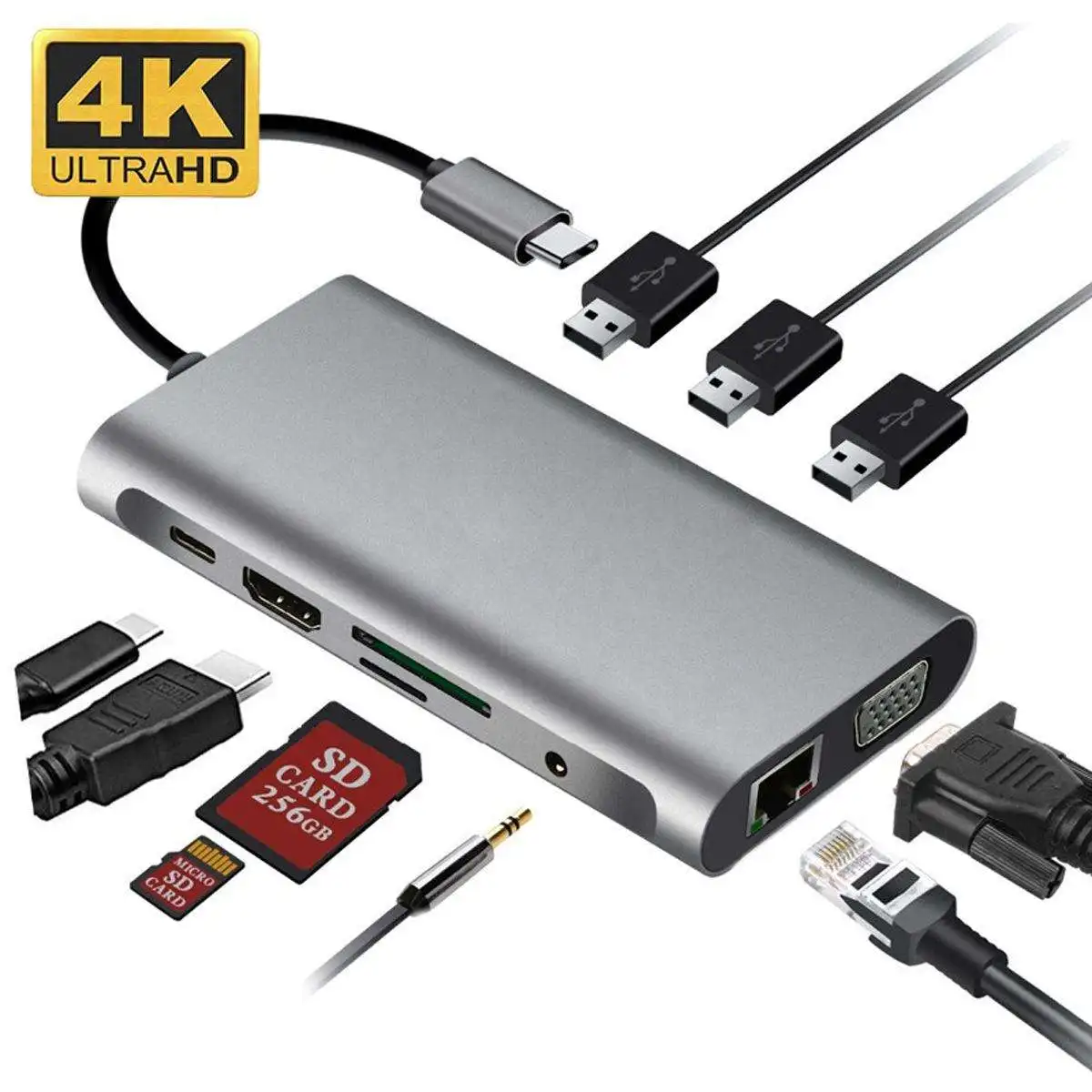 New Design Usb c Hub 10-in-1 Type c Hub USBC Hub Multiport Adapter for Mac Smart Phones with Ethernet