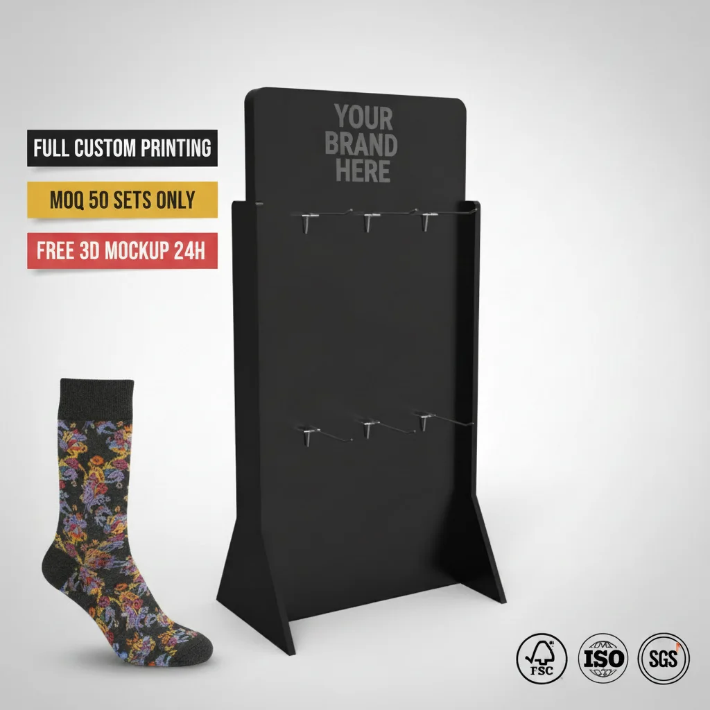 Espositore personalizzato in PVC bifacciale per calze, da bancone o autonomo, supporto a gancio per rivendita al dettaglio, stampa logo OEM, vendita all’ingrosso