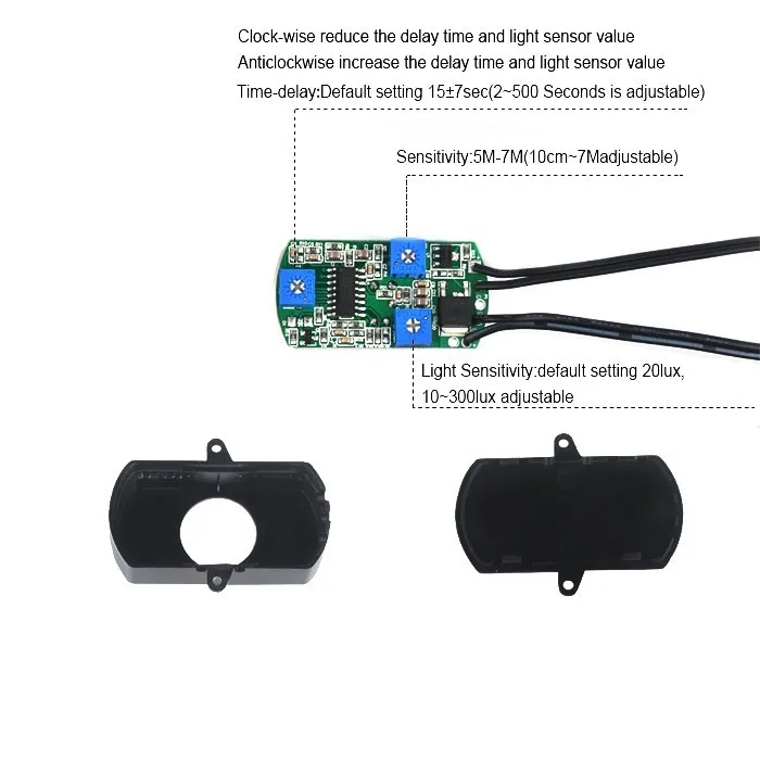 Black Timer Switch Sensor 12V DC PIR Motion Sensor for Stairs Steps Light