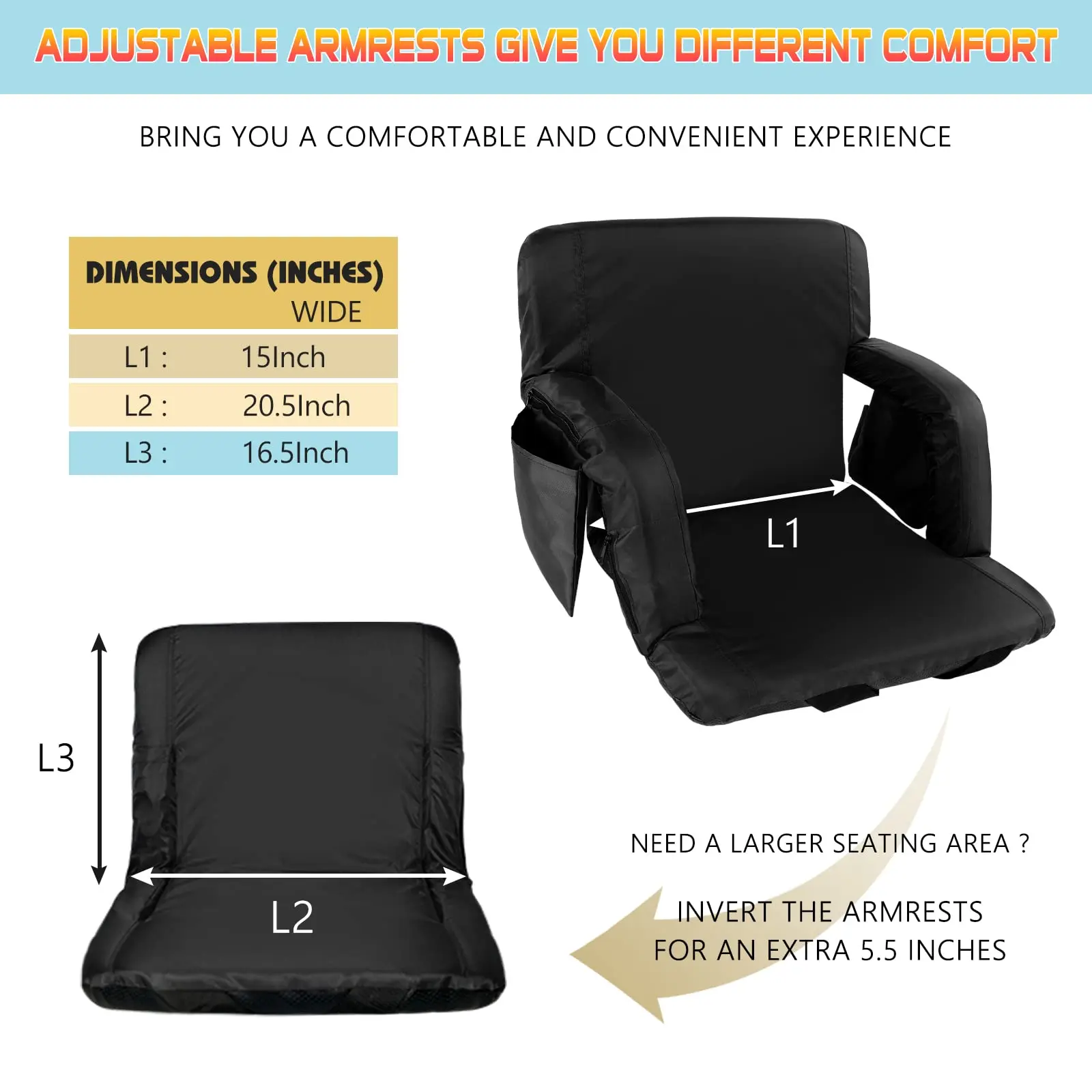 Outdoor 3 Level Heating Adjustable Arm Back Support USB Heated Camping Chair Heated Stadium Seats for Bleachers