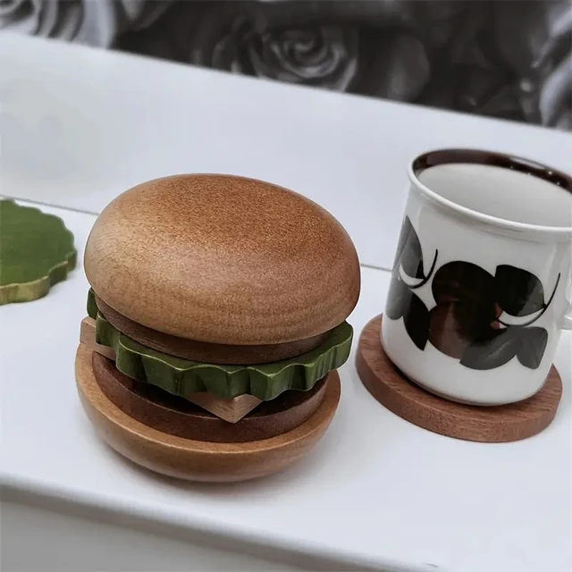 Burger Coaster Set Fun Solid Wood Burger Cup Pad Wood Coasters for Drinks