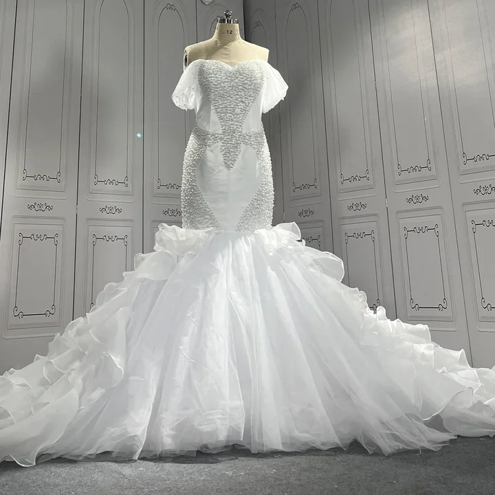 S2235A 2025 Elegant Woman Lady Bridal Wedding Gown Long Ruffle Tail Plus  Size Wholesale Fashion Mermaid Bride Dress