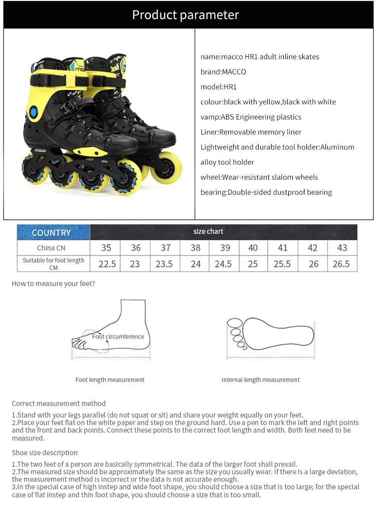 MACCO inline professional roller skate sport shoes for adult  HR1-yellow and black gear suit