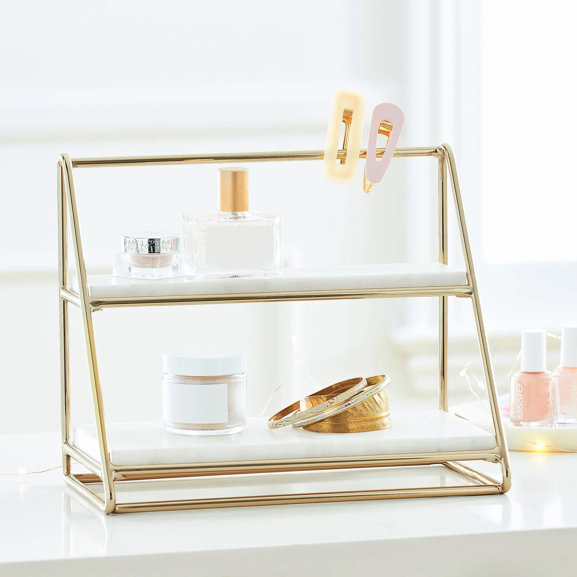 Hot Sale 2 Tier Standing Perfume Makeup Storage Rack Bathroom Organizer Countertop Marble and Gold Beauty Makeup Organizer