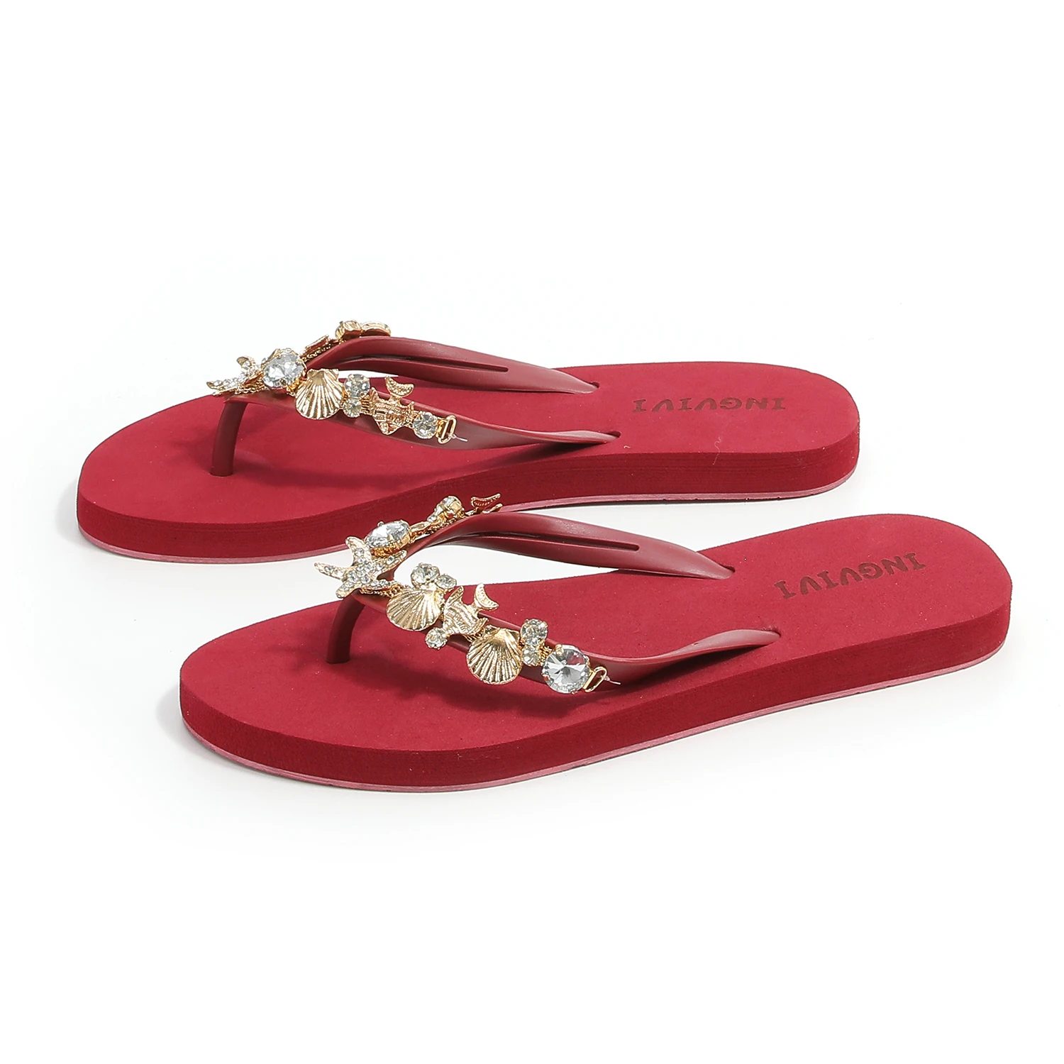 Red Flip Flops Rhinestones Summer Slippers Flip Flops With Shell