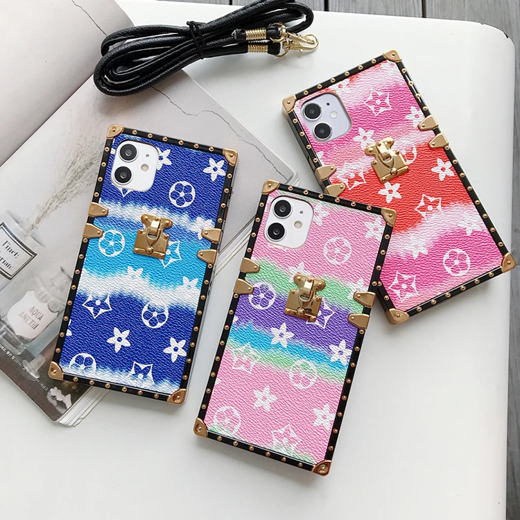 Brand Logo Wholesale Design Luxury Leather Square Mobile Phone Case Back Cover For 12 11 Pro Max Mini XR XS X 8 7 with Strap
