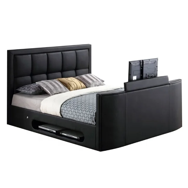Wholesale Modern king Full Size Genuine Leather Upholstered TV Bed