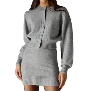 Custom High Quality  Sweater Crew Neck Long Sleeves Deep Ribbed Knitted Collar Cardigan Skirts Set Button Front Fastening