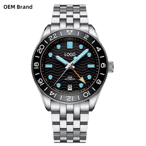 Factory Custom Logo Luxury 42mm Wave Dial NH34 GMT 200m Automatic Diving Men's Watches 24 Click Rotating Ceramic Bezel